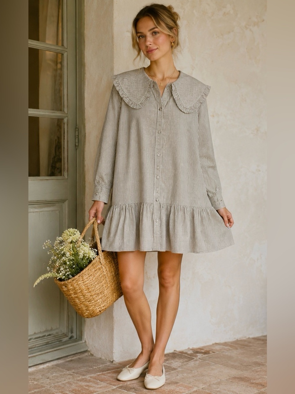 Heyson Dôen Inspired Stripe Babydoll Mini Dress Cottagecore Praire Collared |M|